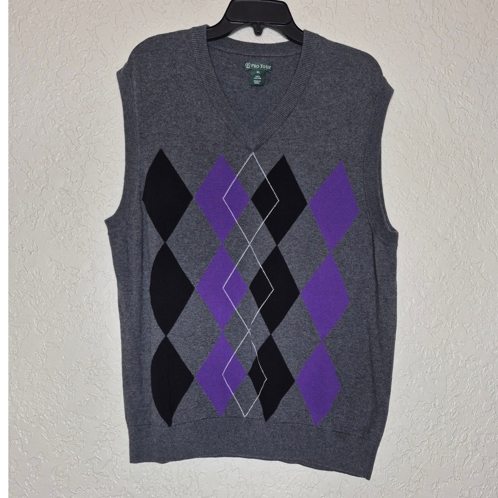 Pro Tour Mens Argyle Sweater Vest XL Gray Purple Black 100% Cotton V-Neck Golf